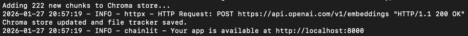 Image showing the chainlit launch in terminal with new chunks being added to the vectorstore
